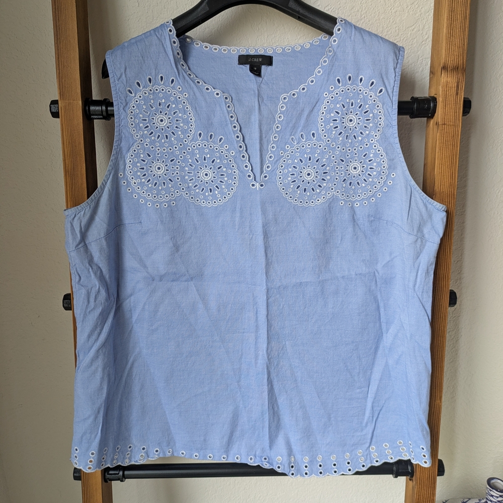J.Crew Women's Light Blue Sleeveless Embroidered Top - Size 12